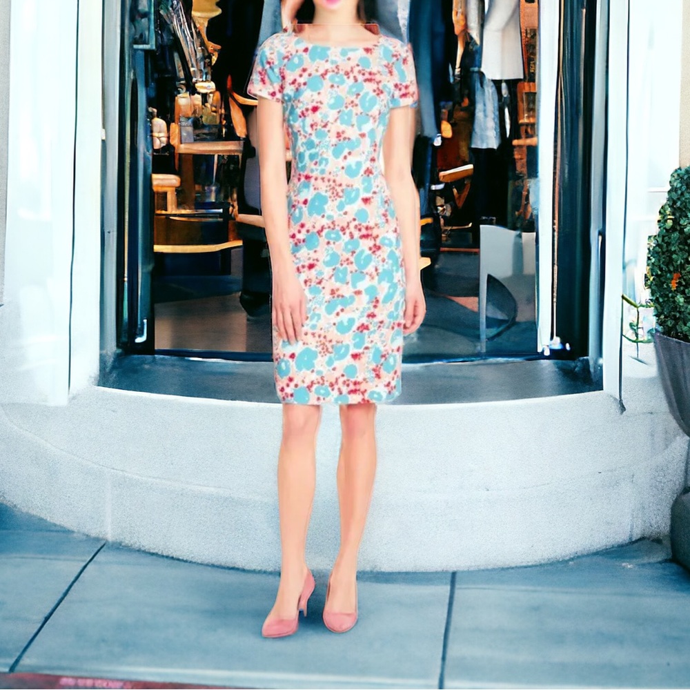 $585 US 14 Hugo Boss Donisa  Sheath Dress Stretch Woven Multicolor Viscose Lined